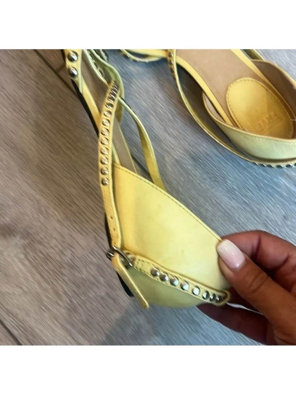 Frye Margot yellow studded leather cross strap sandals size 9